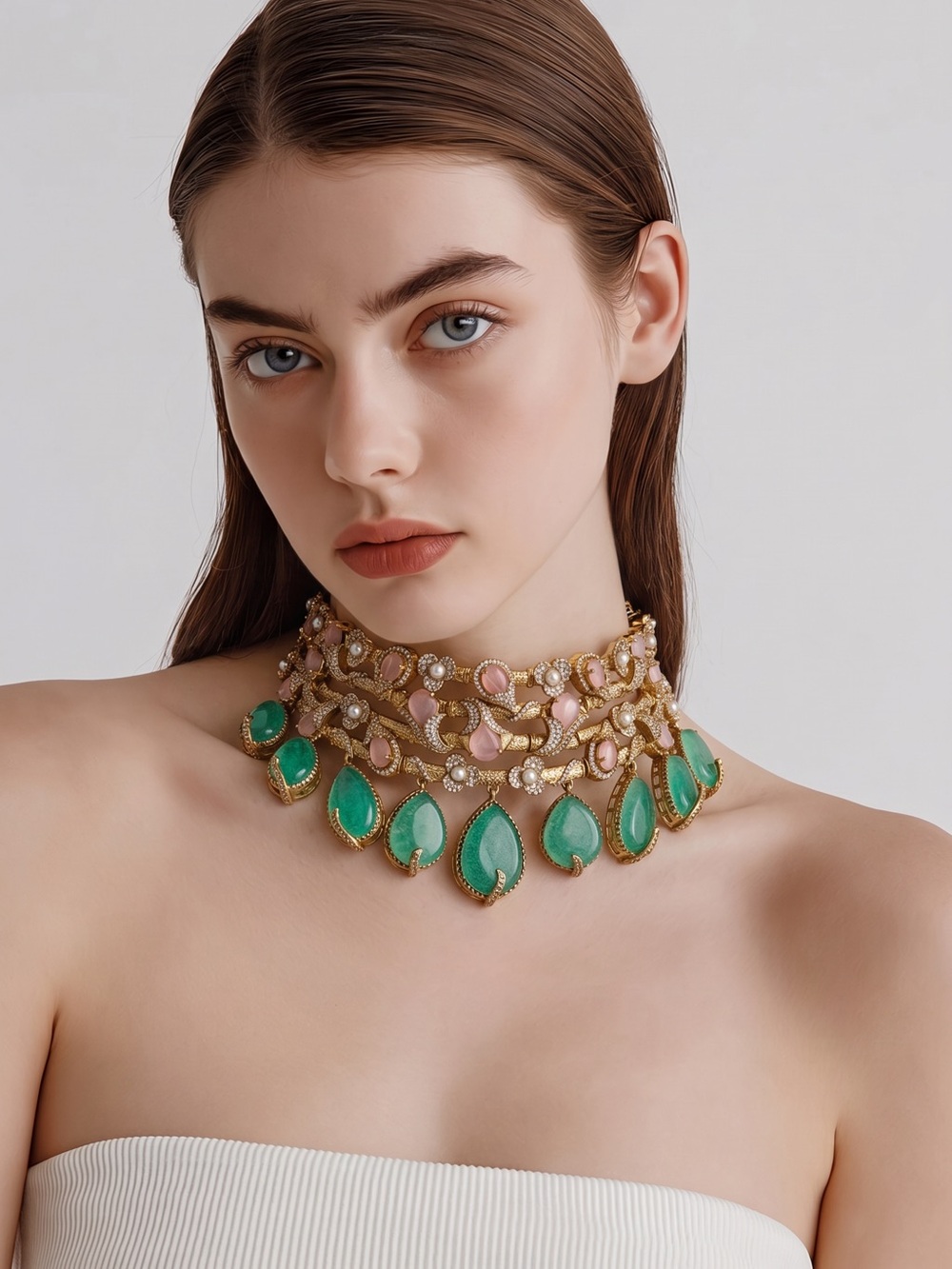 Elegant Green Teardrop Statement Choker Necklace and earrings